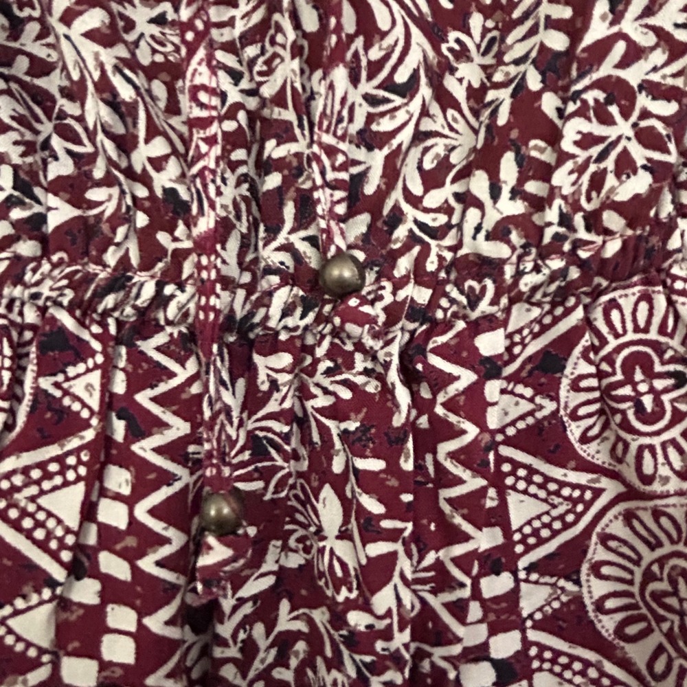 Angie Womens Burgundy Paisley Bell Sleeve Lace Up Mini Dress Small Boho Rayon - Picture 12 of 12